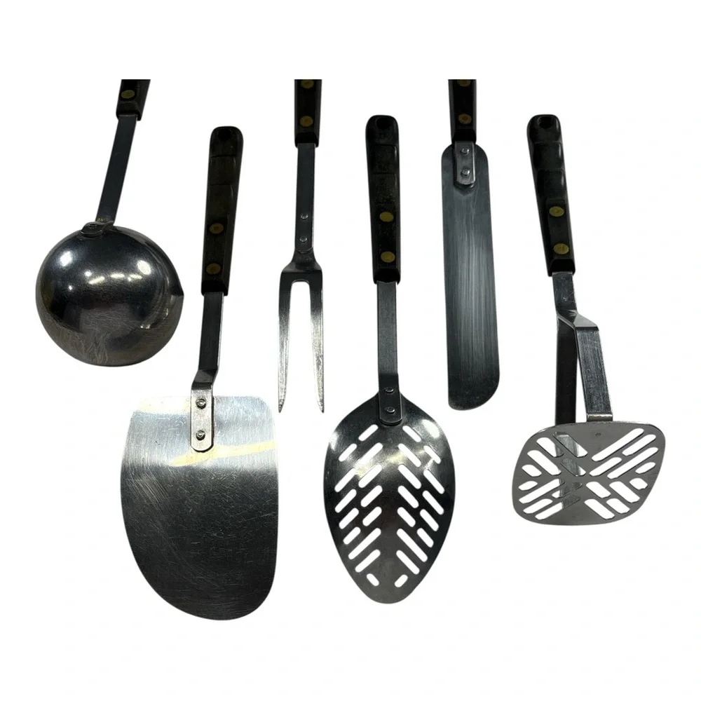 Vintage Bi-Cor Cooking Utensils Stainless Steel USA Black Handle Spatula Spoon